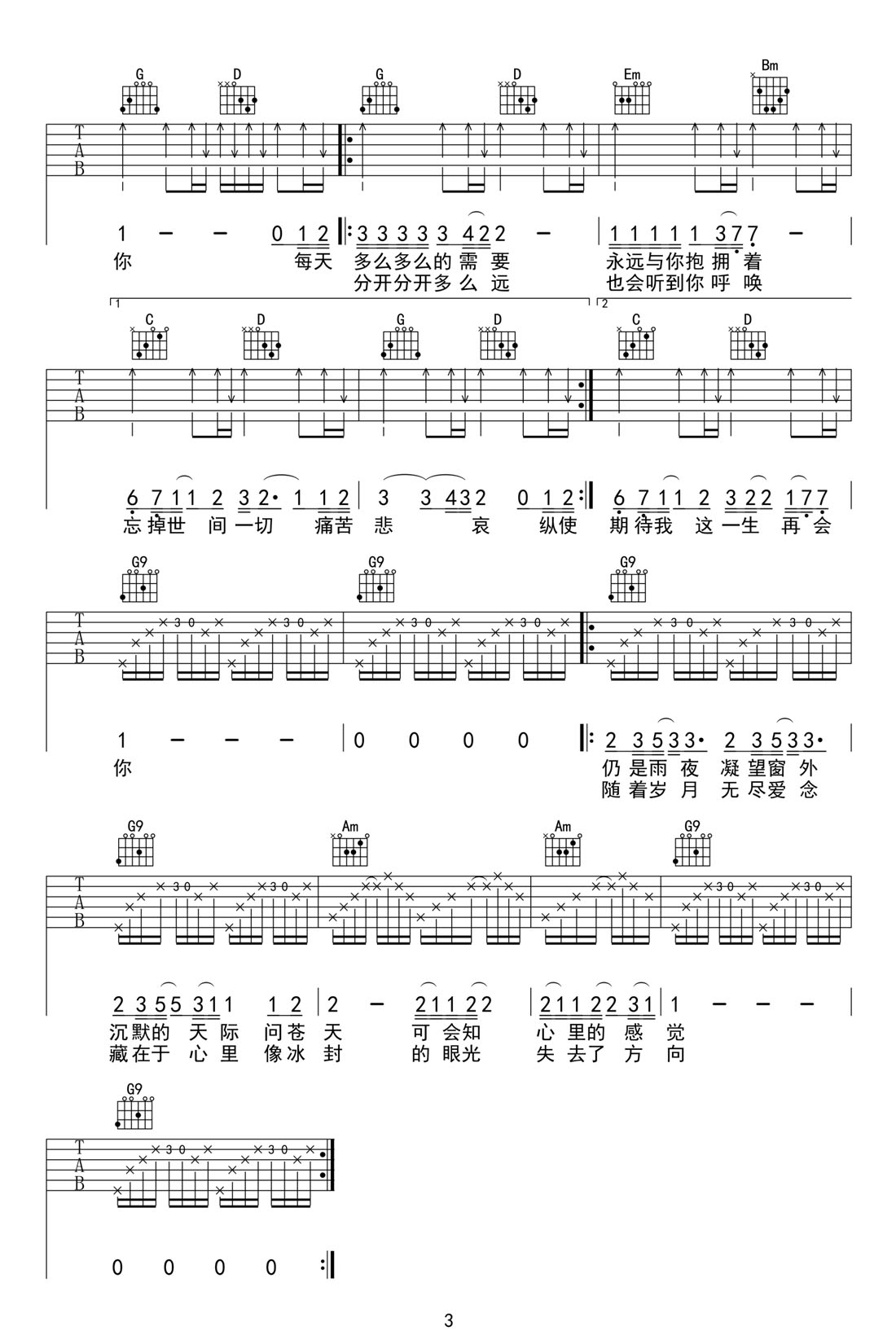 遙望吉他譜_beyond_G調(diào)和弦彈唱譜_高清完美版_圖譜3