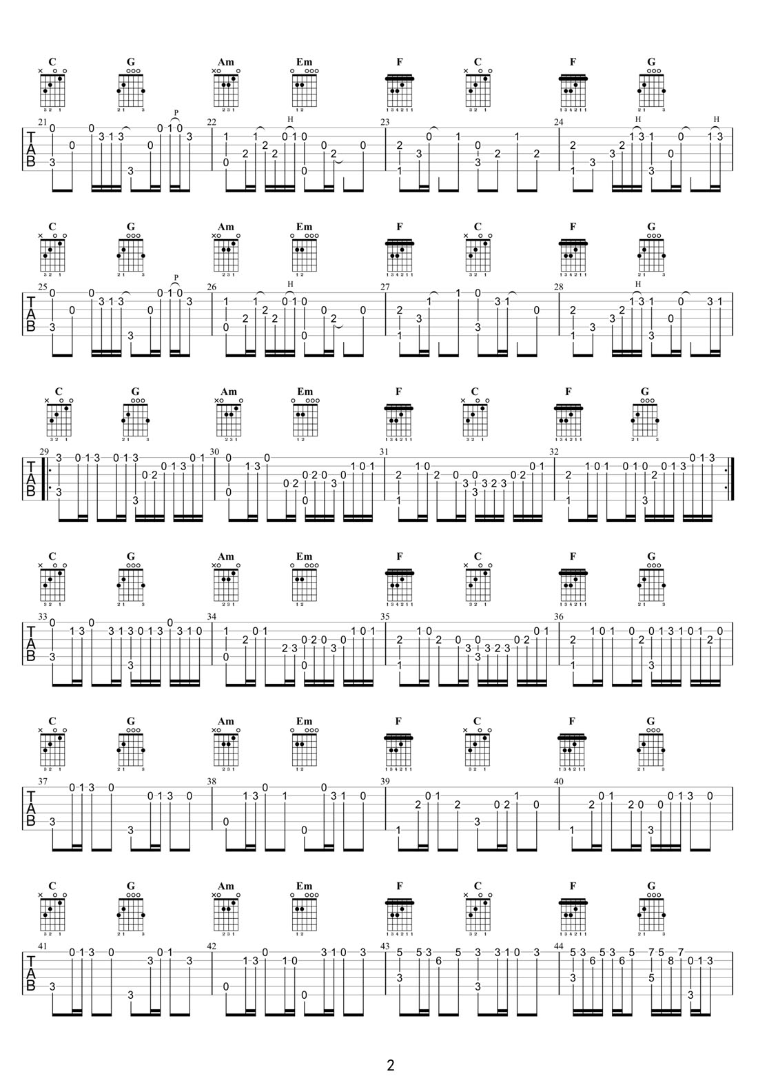 卡農(nóng)(Cannon)吉他譜_Johann Pachelbel_C調(diào)指彈/獨(dú)奏譜_簡(jiǎn)單重制版_圖譜2