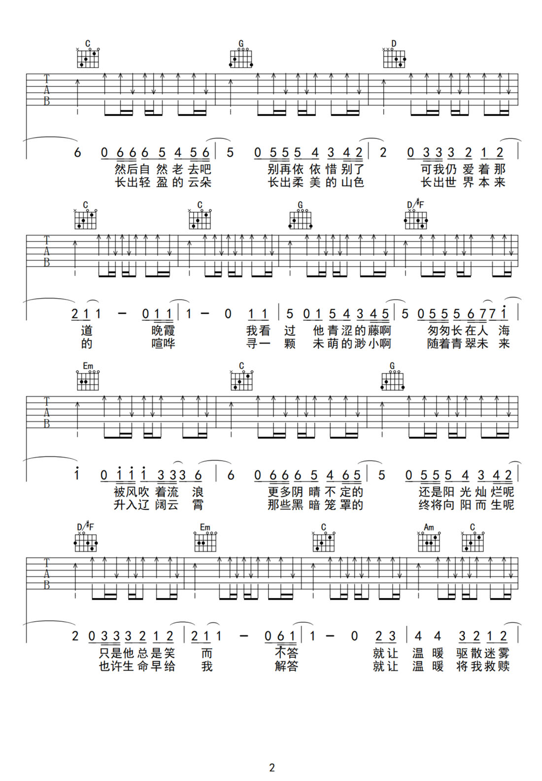 向陽(yáng)而生吉他譜_華晨宇_G調(diào)和弦彈唱譜_高清_圖譜2