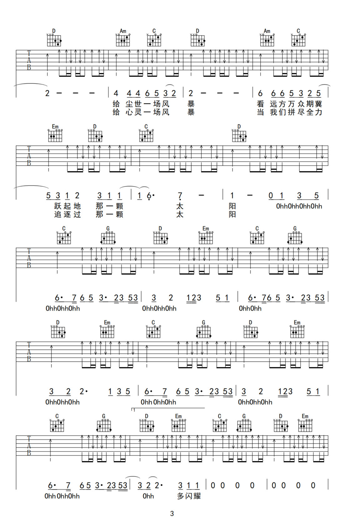 向陽(yáng)而生吉他譜_華晨宇_G調(diào)和弦彈唱譜_高清_圖譜3