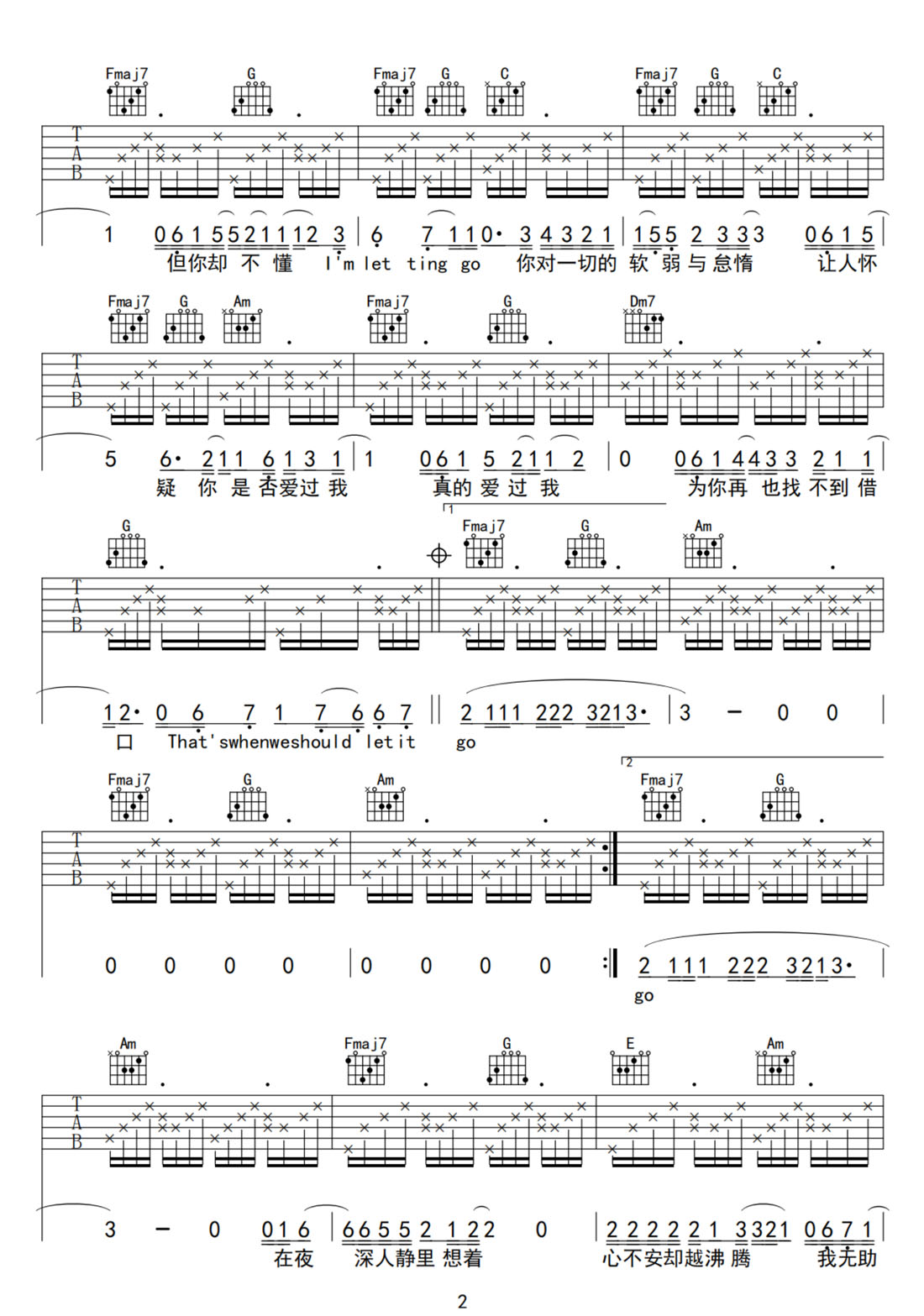 Letting Go吉他譜_蔡健雅_C調(diào)和弦彈唱譜_完美版_圖譜2
