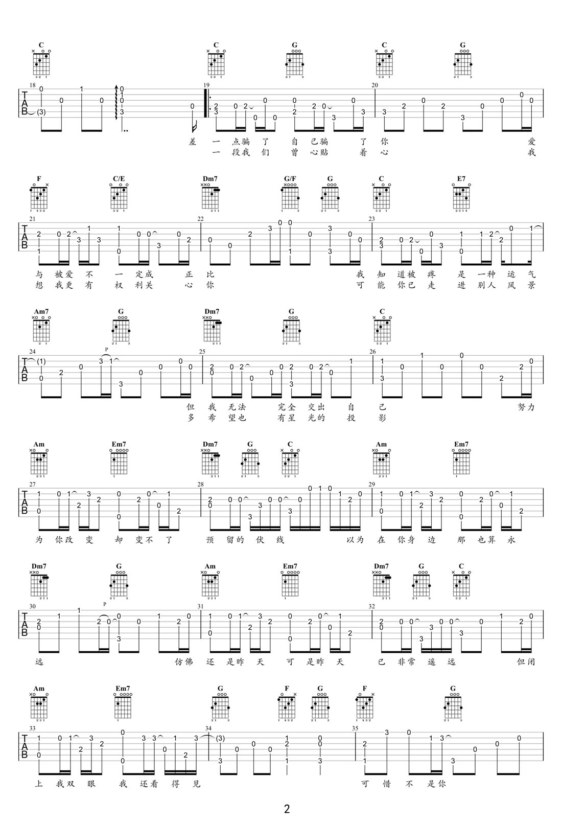 可惜不是你吉他譜_梁靜茹_C調(diào)指彈/獨奏譜_高清重制版_圖譜2