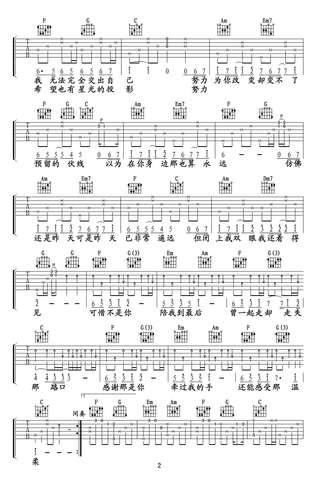 可惜不是你吉他譜_梁靜茹_C調和弦彈唱譜_完美版_圖譜2
