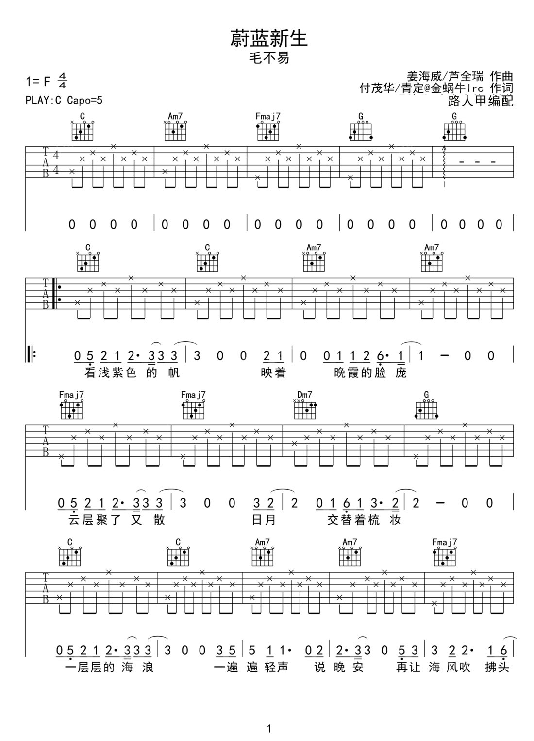 蔚藍新生吉他譜_毛不易_C調(diào)和弦彈唱譜_簡單版_圖譜1