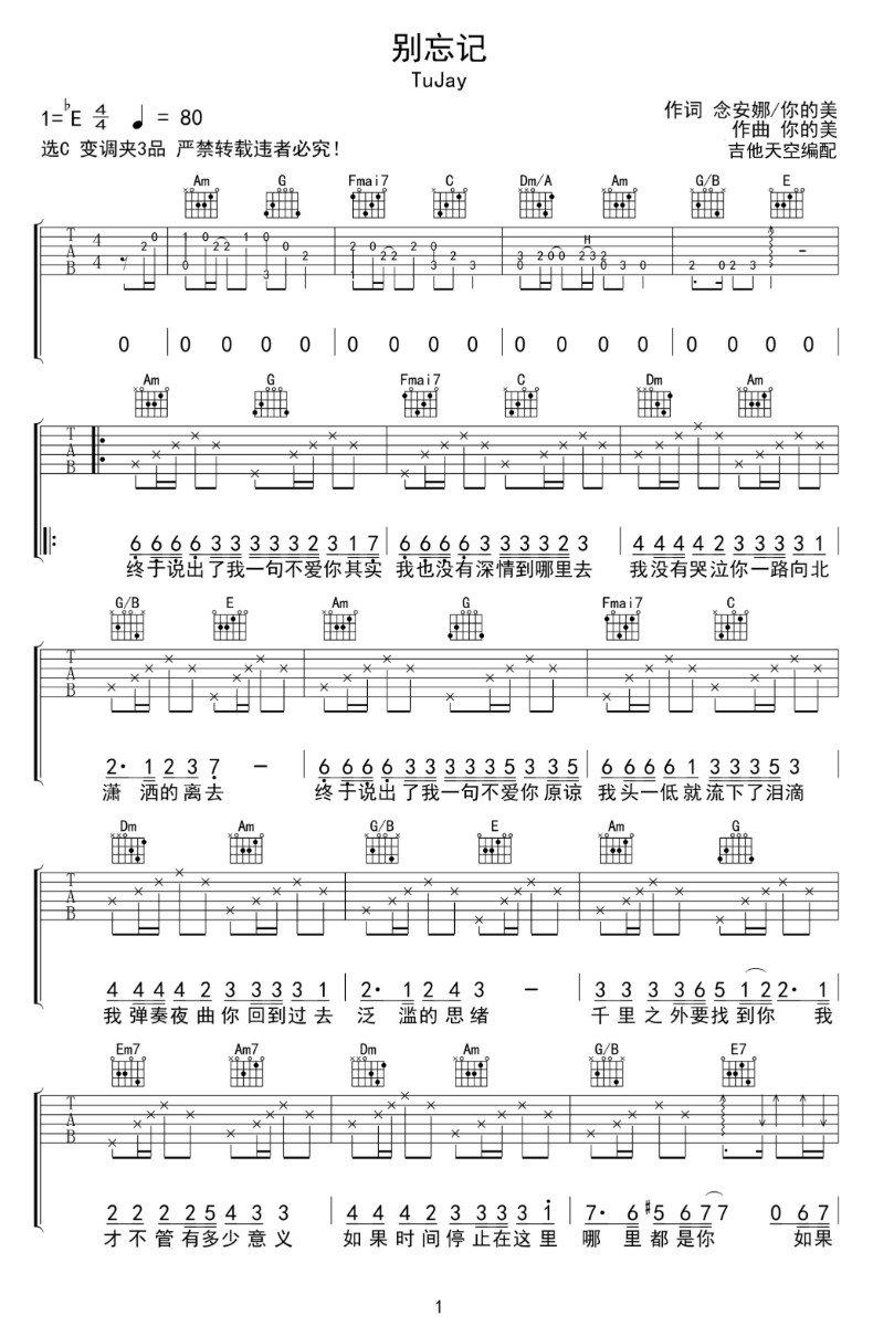 別忘記吉他譜_TuJau_C調(diào)和弦彈唱譜_完美帶前奏_圖譜1