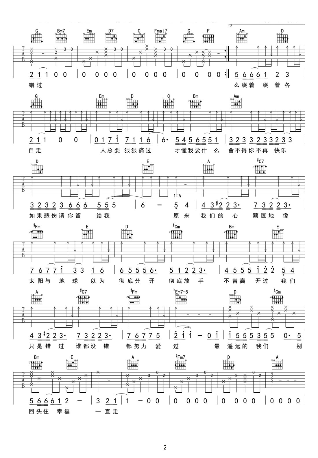 太陽與地球吉他譜_盧廣仲_G調(diào)和弦彈唱譜_新編完整版_圖譜2