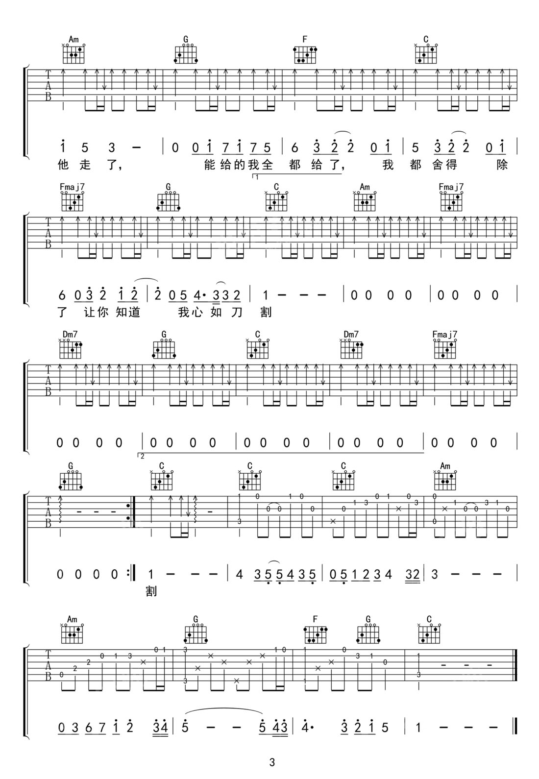 心如刀割吉他譜_張學友_C調和弦彈唱譜_老歌新編帶前奏_圖譜3