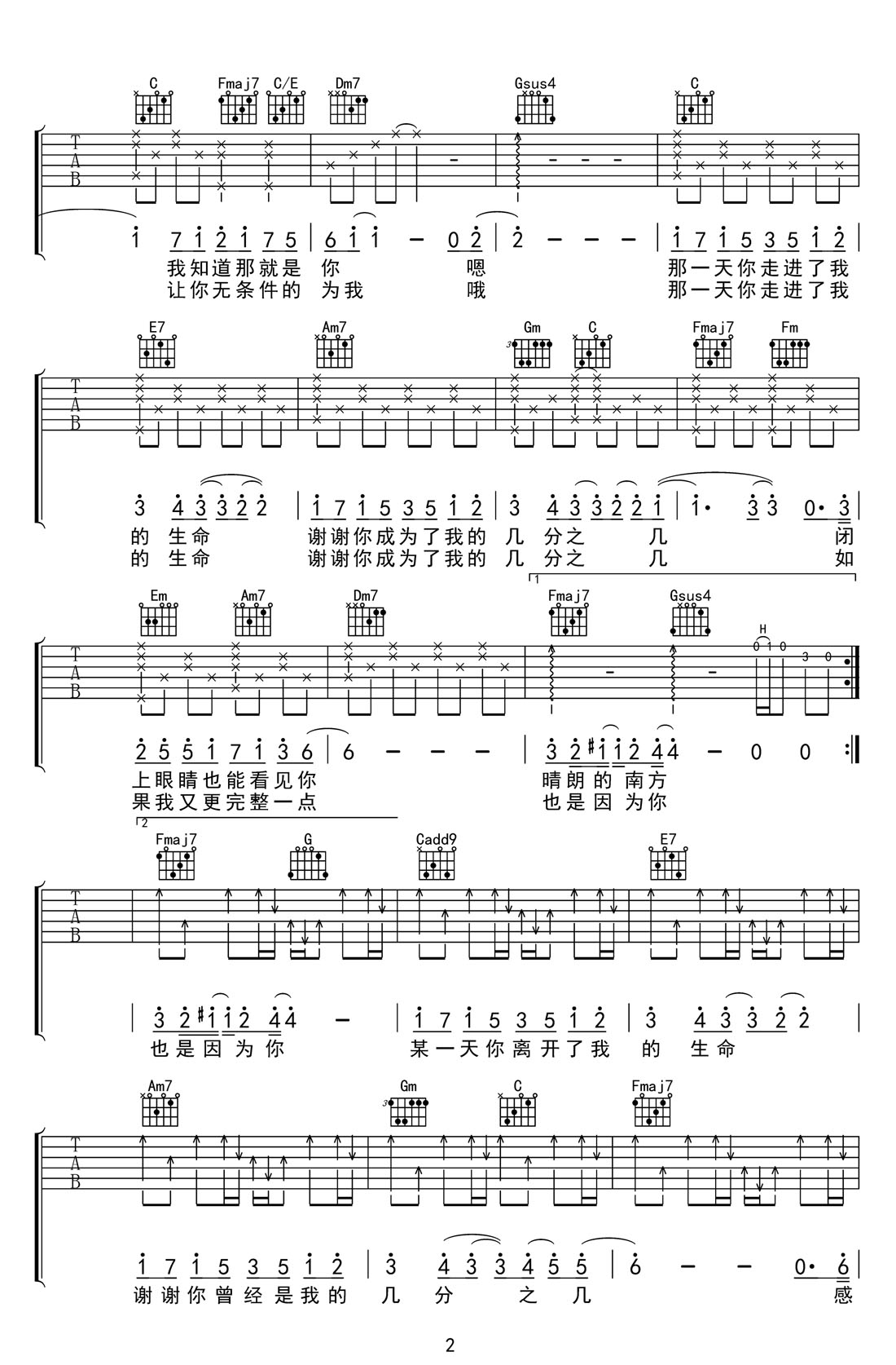 幾分之幾吉他譜_盧廣仲_C調(diào)和弦彈唱譜_高清帶前奏_圖譜2
