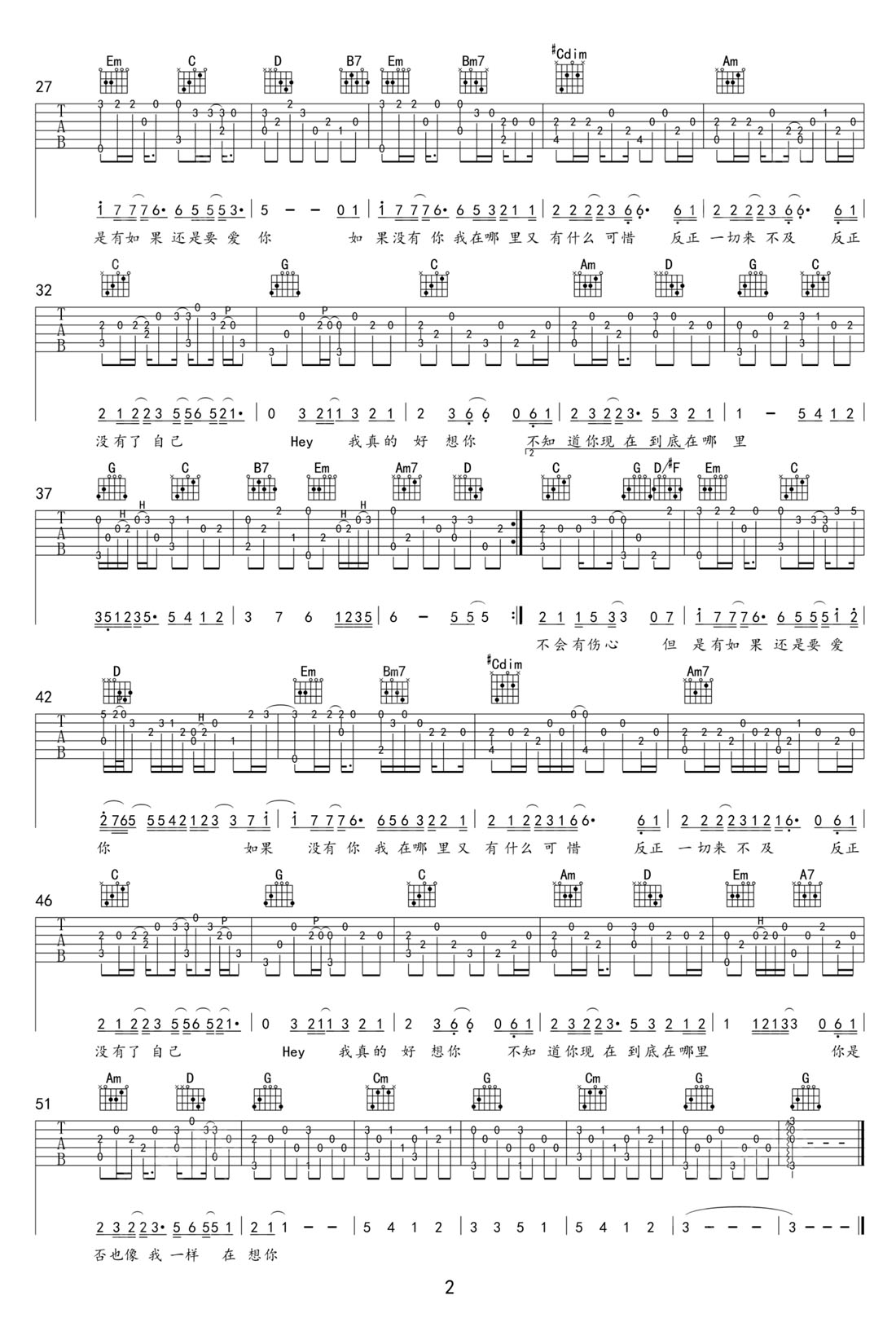 如果沒有你吉他譜_莫文蔚_G調(diào)指彈/獨(dú)奏譜_高清重制版_圖譜2