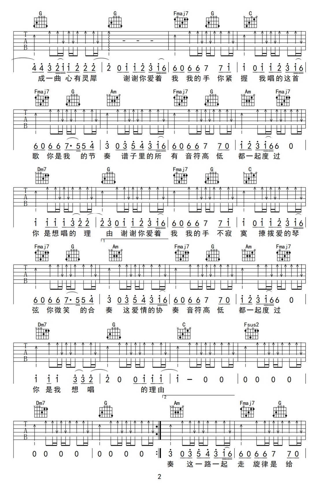 謝謝你愛(ài)我吉他譜_李嘉格_C調(diào)和弦彈唱譜_完整版_圖譜2