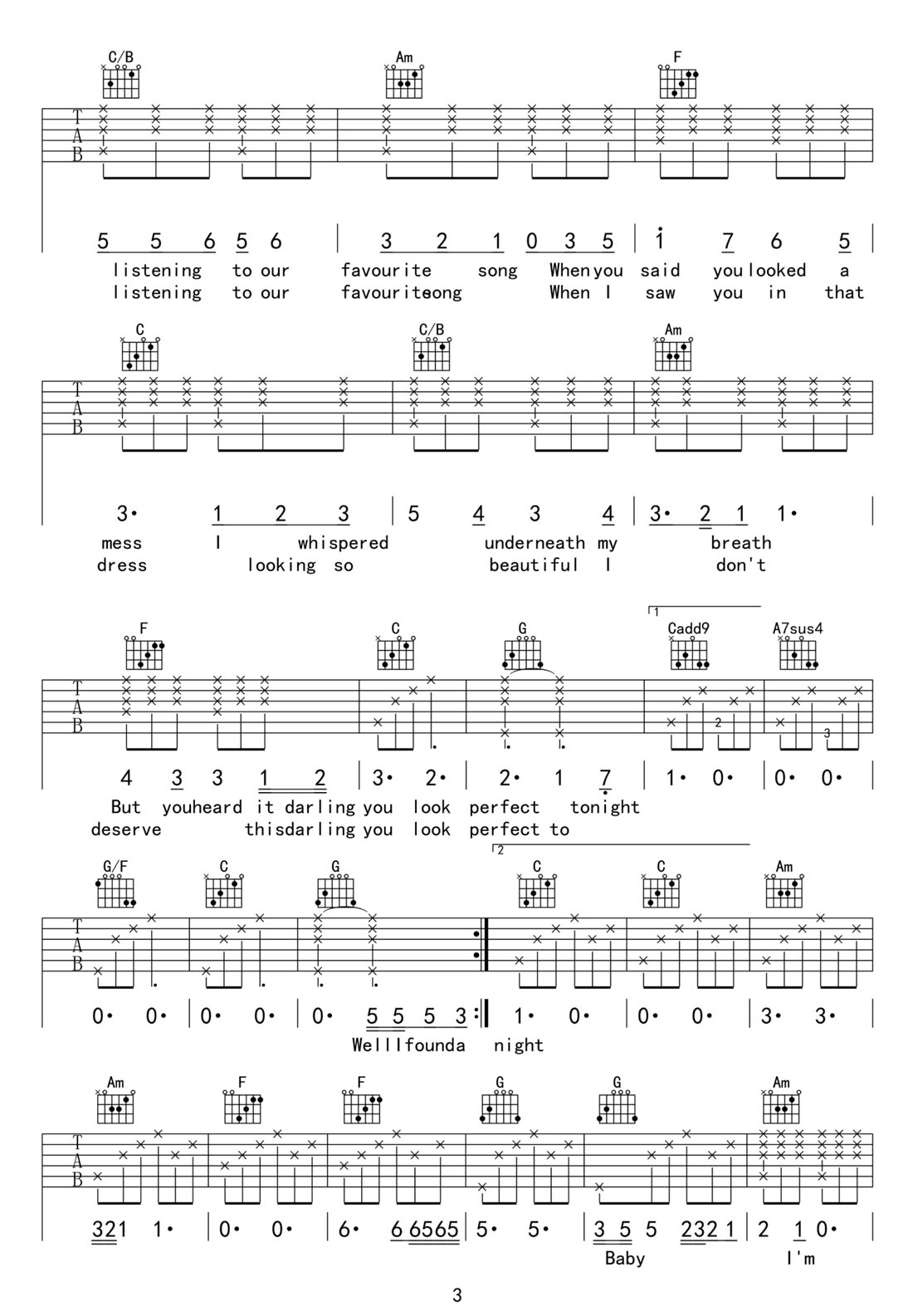 PerFect吉他譜_Ed Sheeran_C調(diào)和弦彈唱譜_高清完整版_圖譜3