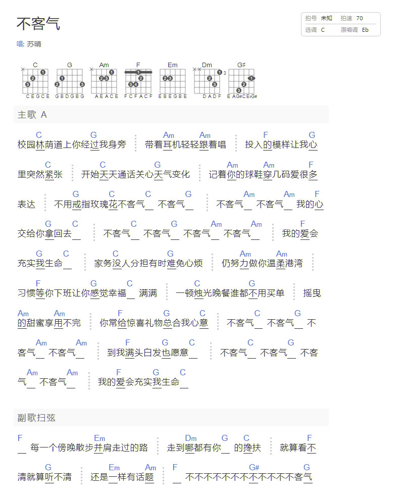 不客气吉他谱_苏晴_C调和弦弹唱谱_简单和弦版_图谱1