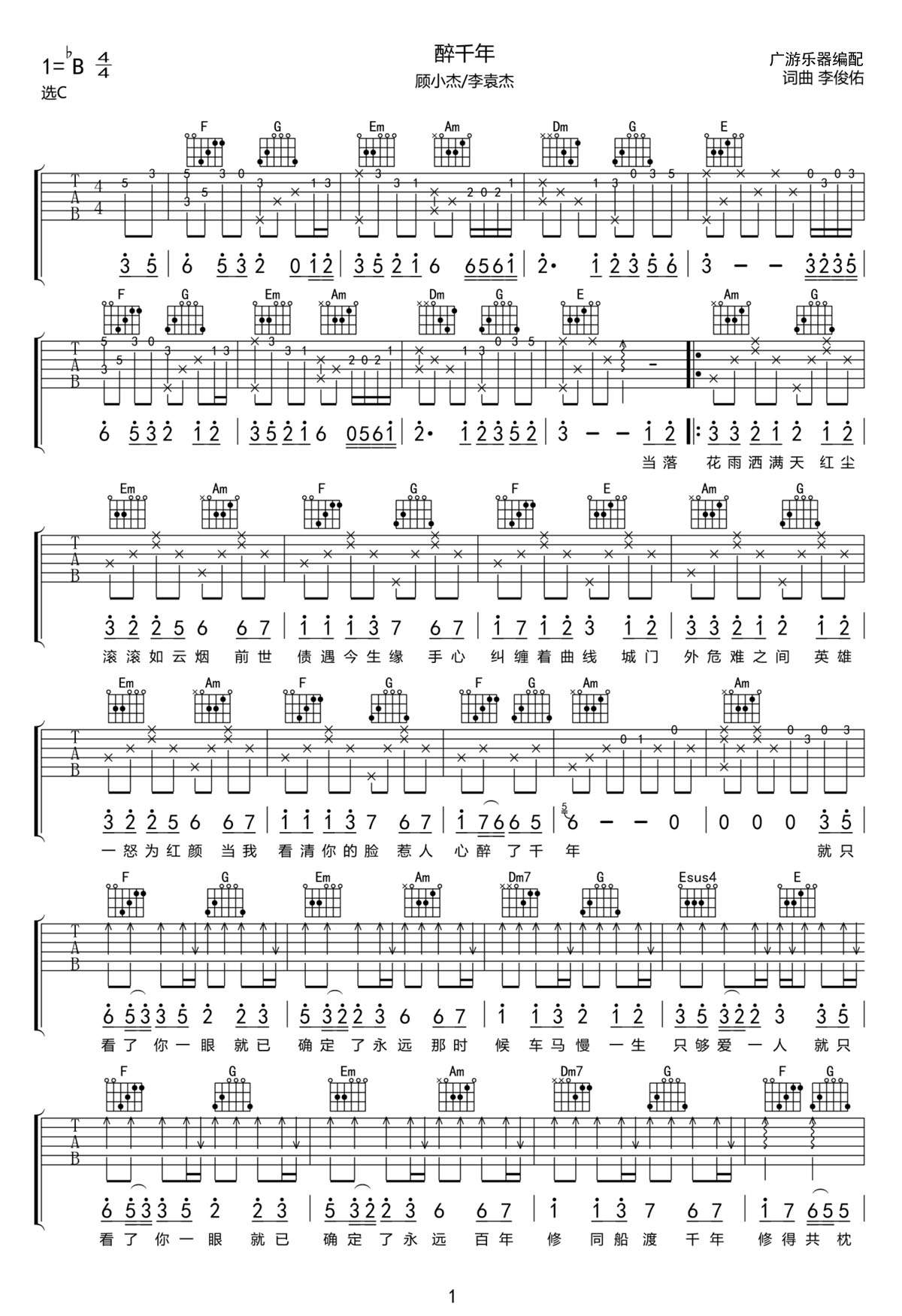 醉千年吉他谱_顾小杰_C调和弦弹唱谱_完美带前奏_图谱1