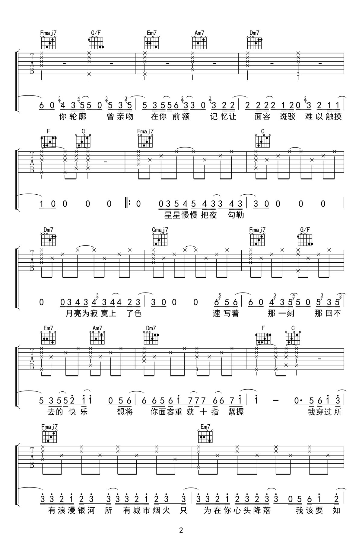 你的轮廓吉他谱_叶琼琳_C调和弦弹唱谱_高清简单版_图谱2