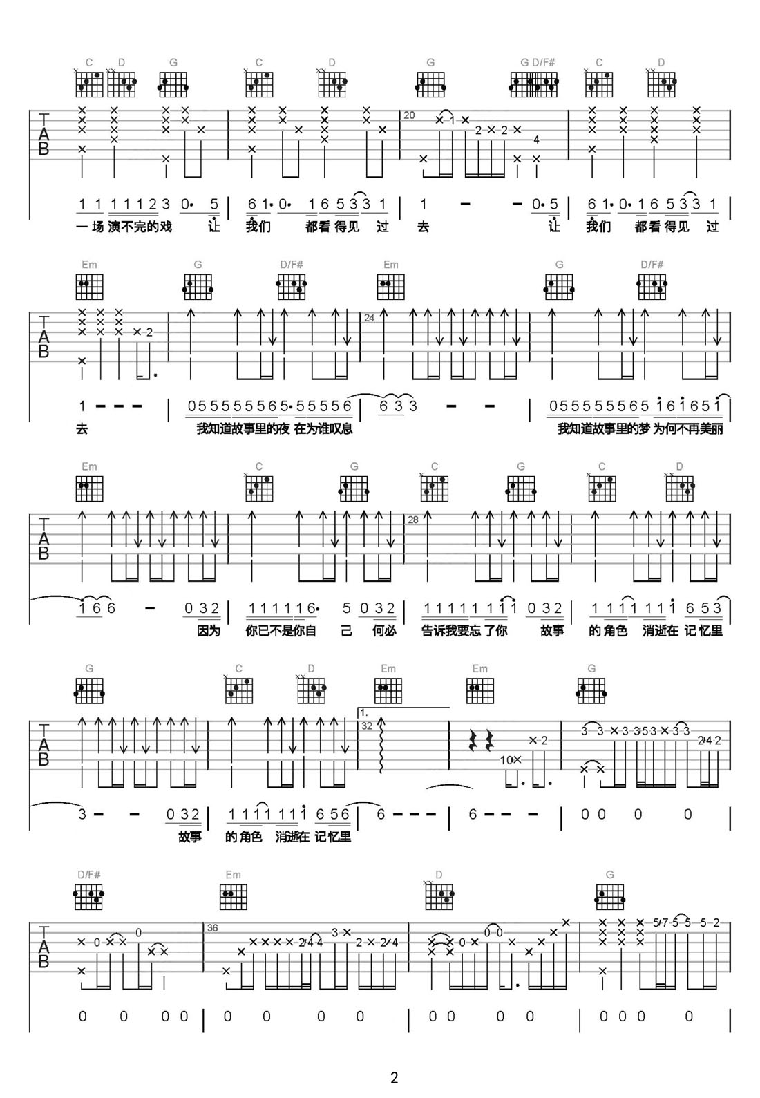 故事的角色吉他譜_王杰_G調(diào)和弦彈唱譜_完整版_圖譜2