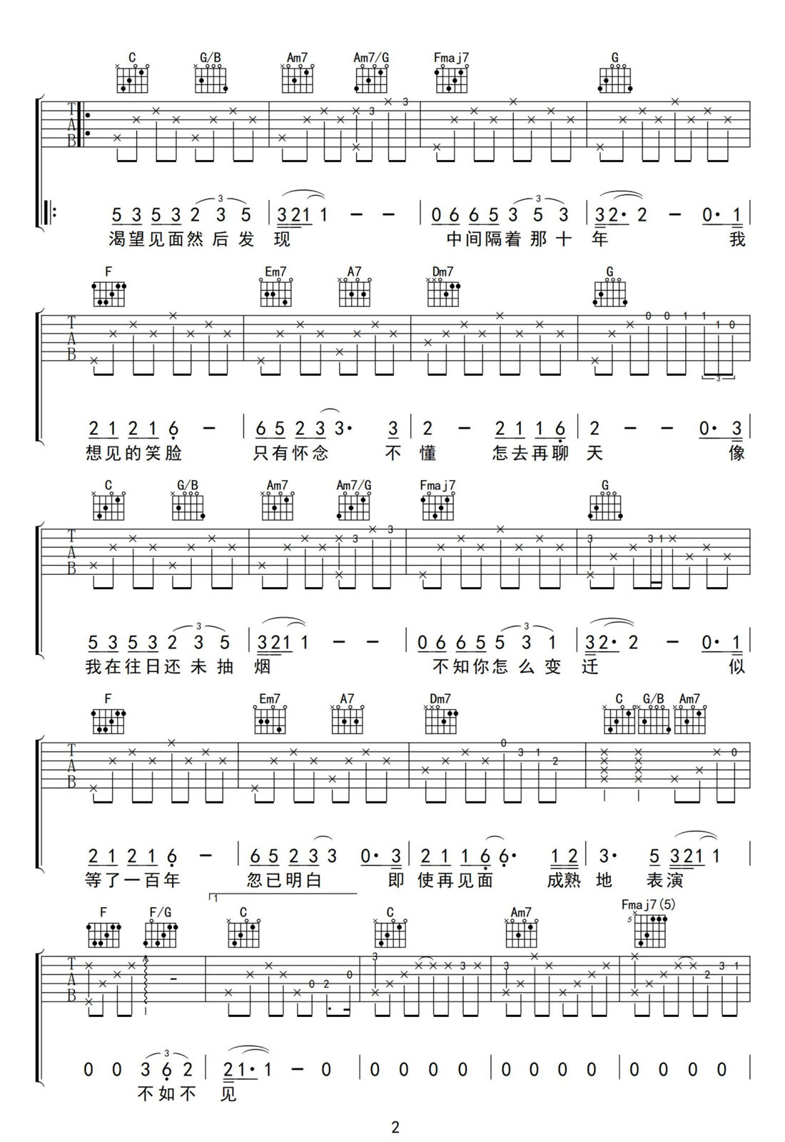 不如不見吉他譜_陳奕迅_C調(diào)和弦彈唱譜_高清原版編配_圖譜2