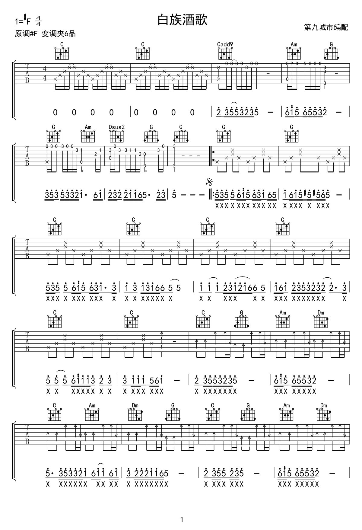 白族酒歌吉他譜_民歌_C調(diào)和弦彈唱譜_完美版_圖譜1