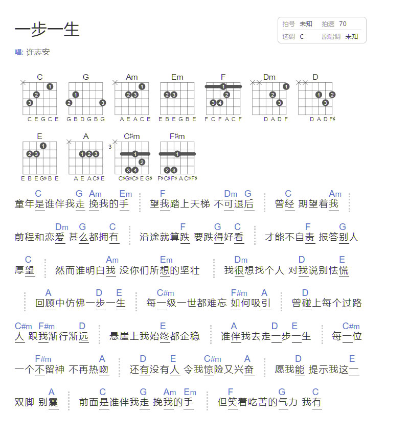 一步一生吉他譜_許志安_C調(diào)和弦彈唱譜_簡易和弦_圖譜1