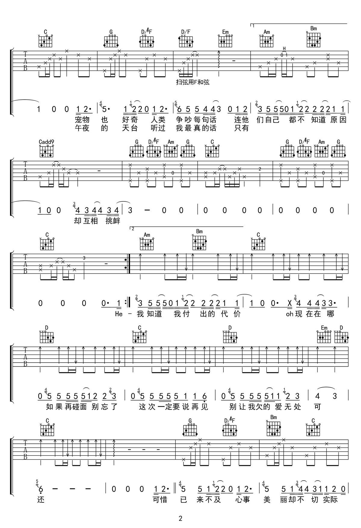 后來的后來吉他譜_魏大勛_C調(diào)和弦彈唱譜_高清原版_圖譜2