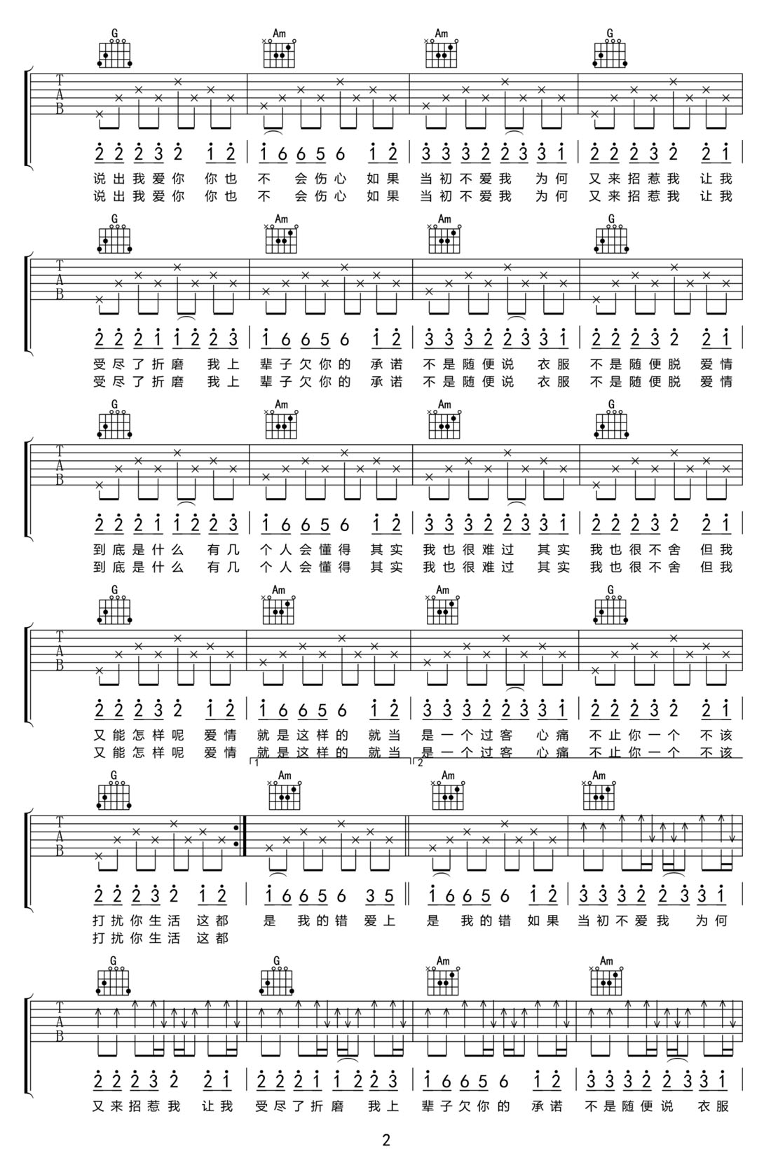 不愛(ài)我就別傷害我吉他譜_楊順高_(dá)C調(diào)和弦彈唱譜_高清簡(jiǎn)單版_圖譜2