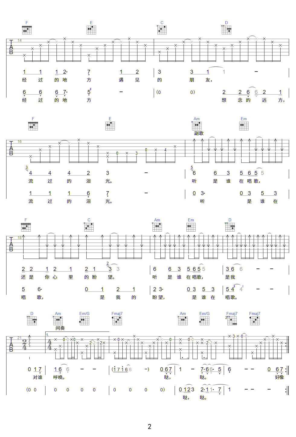聽是誰在唱歌吉他譜_劉若英_C調(diào)和弦彈唱譜_高清重制版_圖譜2