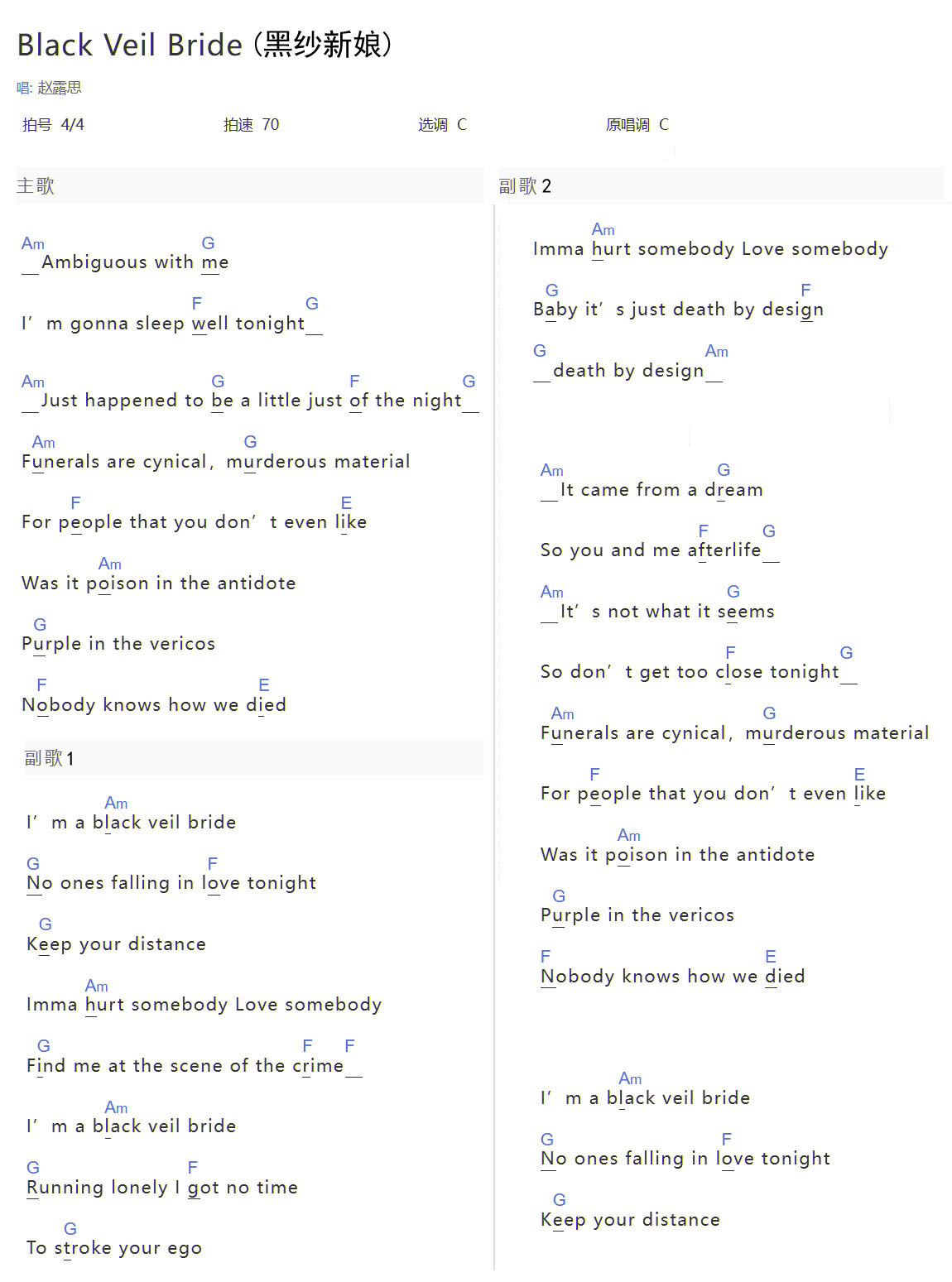 Black Veil Bride(黑紗新娘)吉他譜_趙露思_C調(diào)和弦彈唱譜_圖譜1