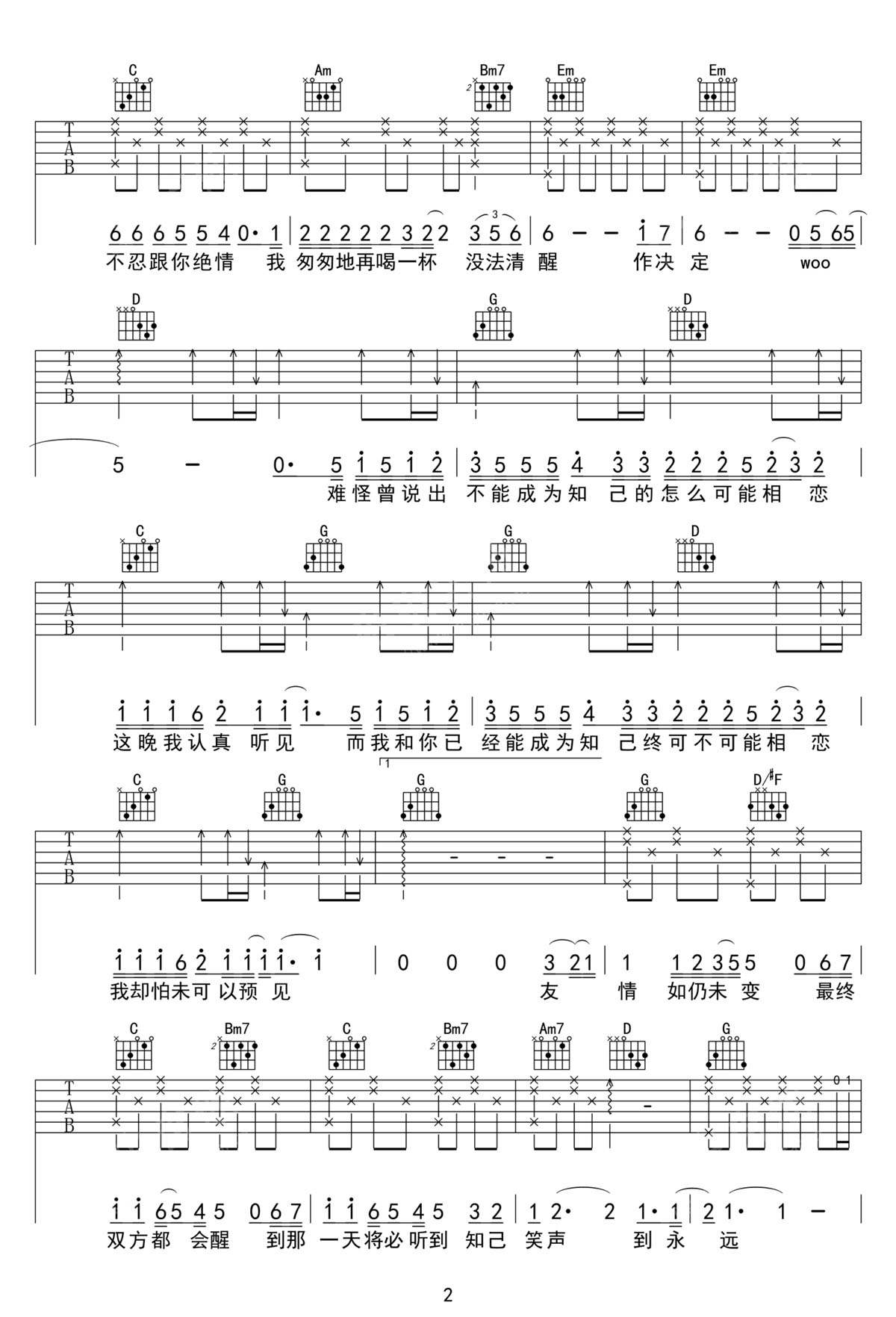 情人知己吉他譜_葉倩文_C調(diào)和弦彈唱譜_高清完美版_圖譜2