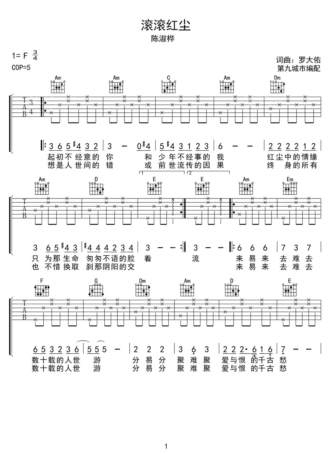 滾滾紅塵吉他譜_陳淑樺_F調(diào)和弦彈唱譜_老歌重編_圖譜1