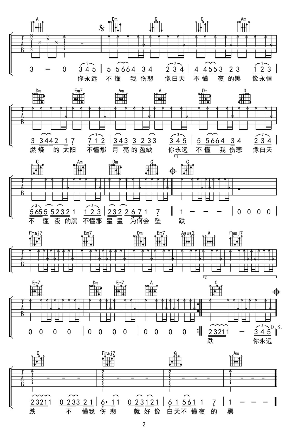 白天不懂夜的黑吉他譜_那英_C調(diào)和弦彈唱譜_高清重制版_圖譜2