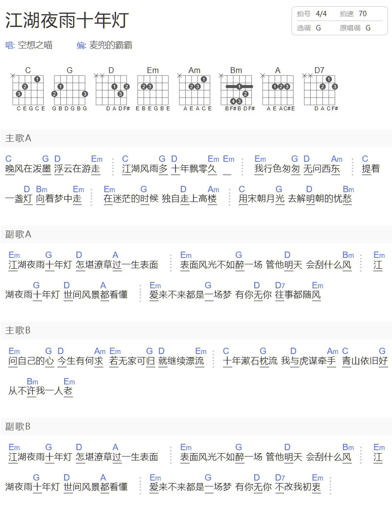 江湖夜雨十年燈吉他譜_空想之喵_G調(diào)和弦彈唱譜_簡單和弦譜_圖譜1