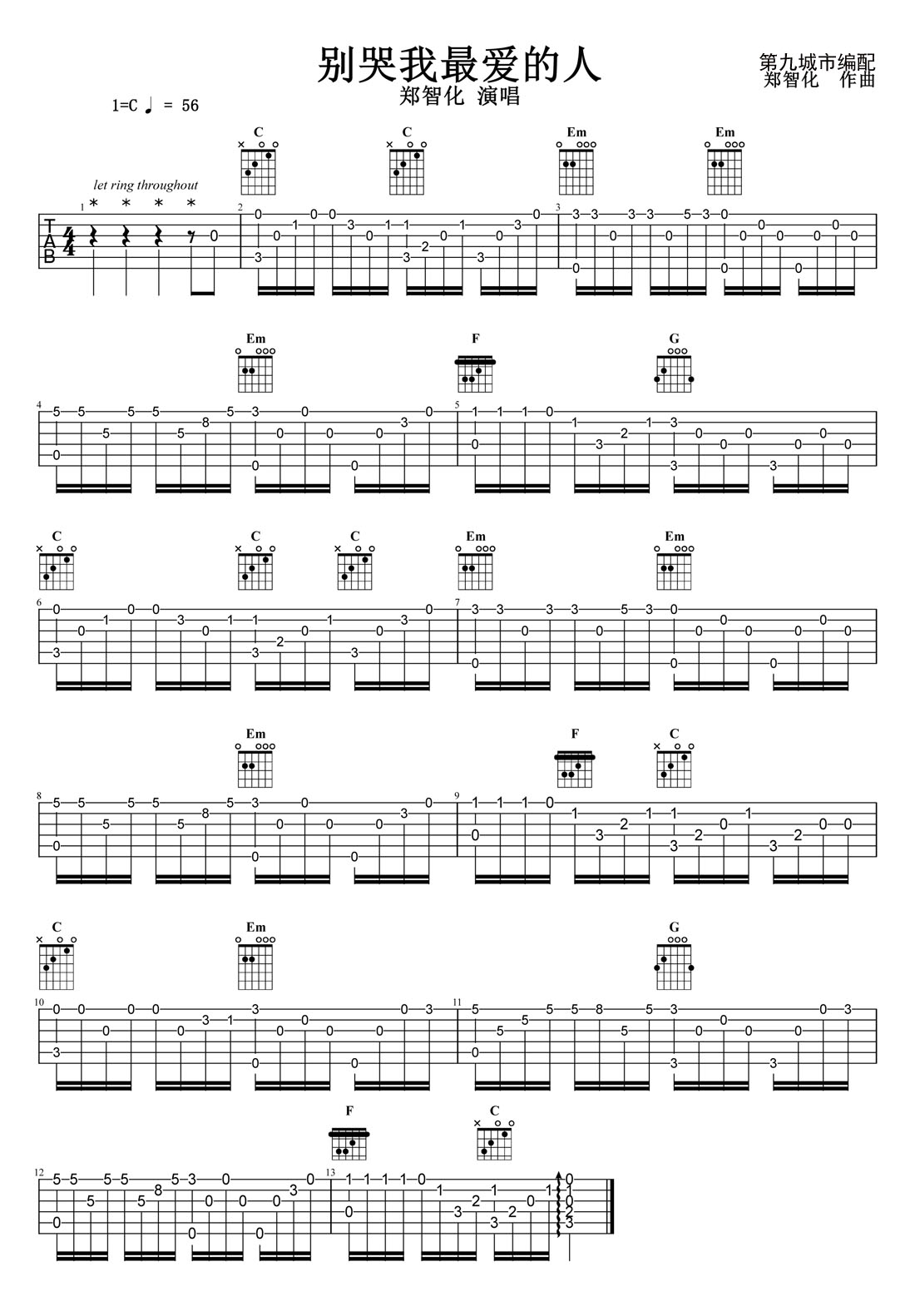 別哭我最?lèi)?ài)的人吉他譜_鄭智化_C調(diào)指彈/獨(dú)奏譜_圖譜1