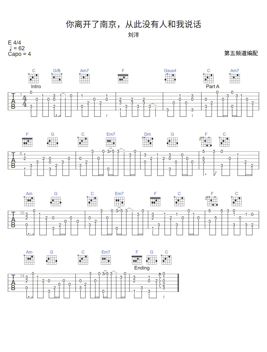 你離開了南京從此沒有人和我說話吉他譜_劉洋_C調(diào)指彈/獨(dú)奏譜_圖譜1