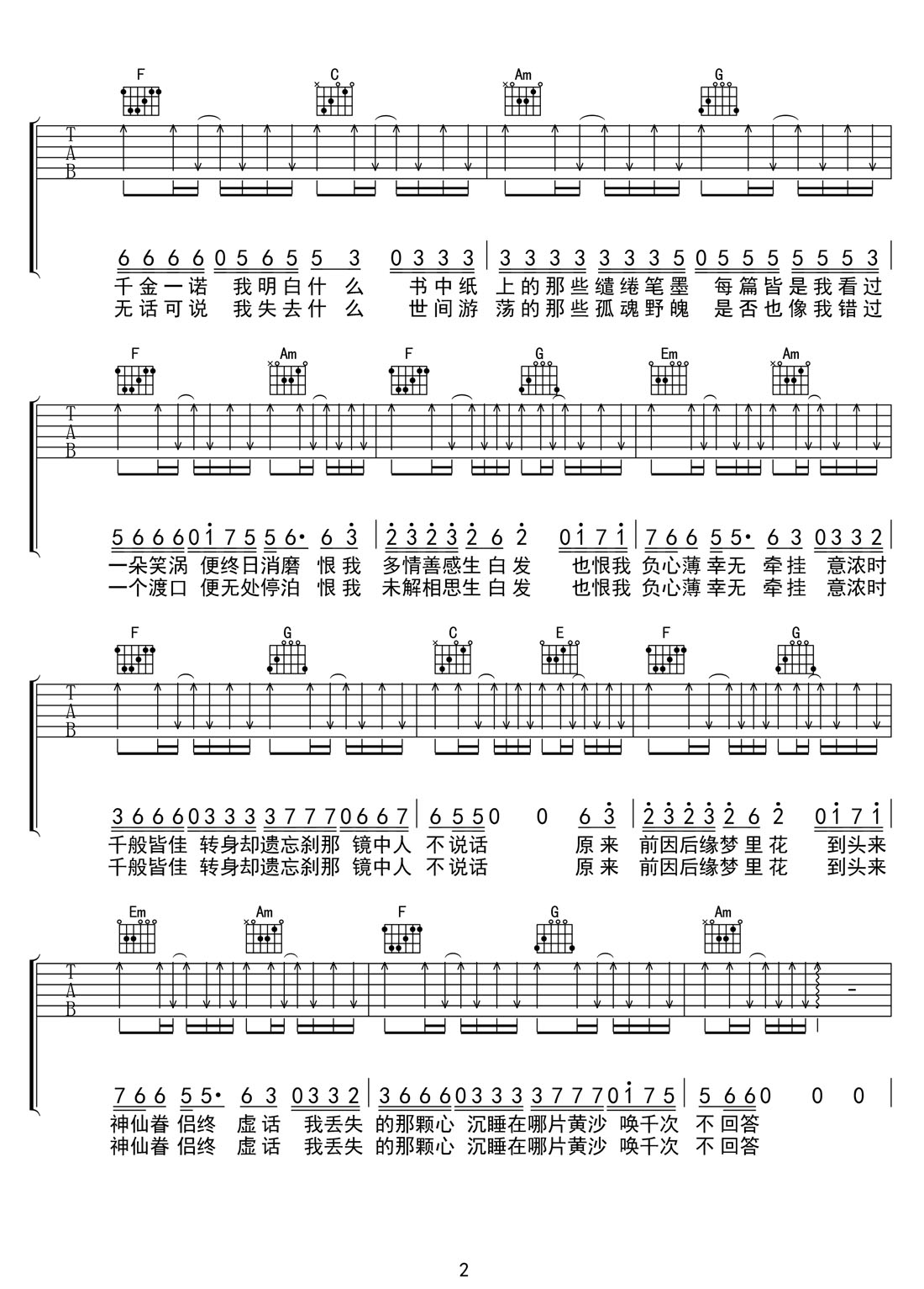 惘然記吉他譜_河圖_C調(diào)和弦彈唱譜_完整帶前奏_圖譜2