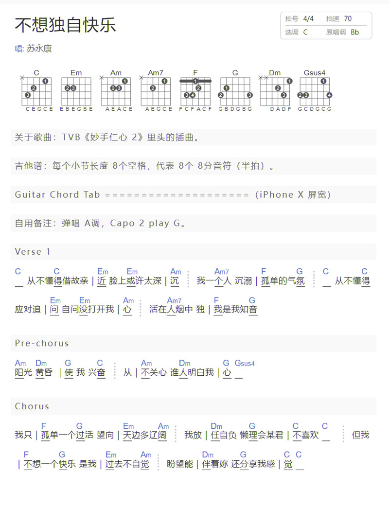不想獨自快樂吉他譜_蘇永康_C調和弦彈唱譜_簡單和弦版_圖譜1