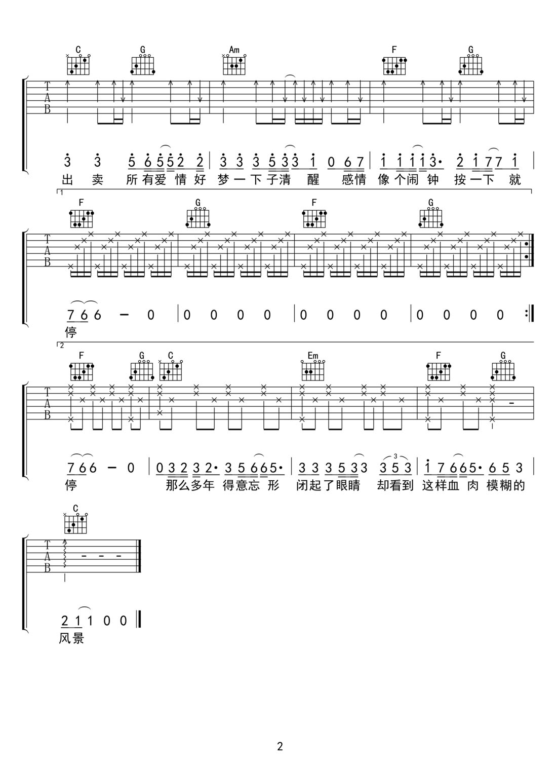 出賣吉他譜_那英_C調(diào)和弦彈唱譜_高清簡易版_圖譜2