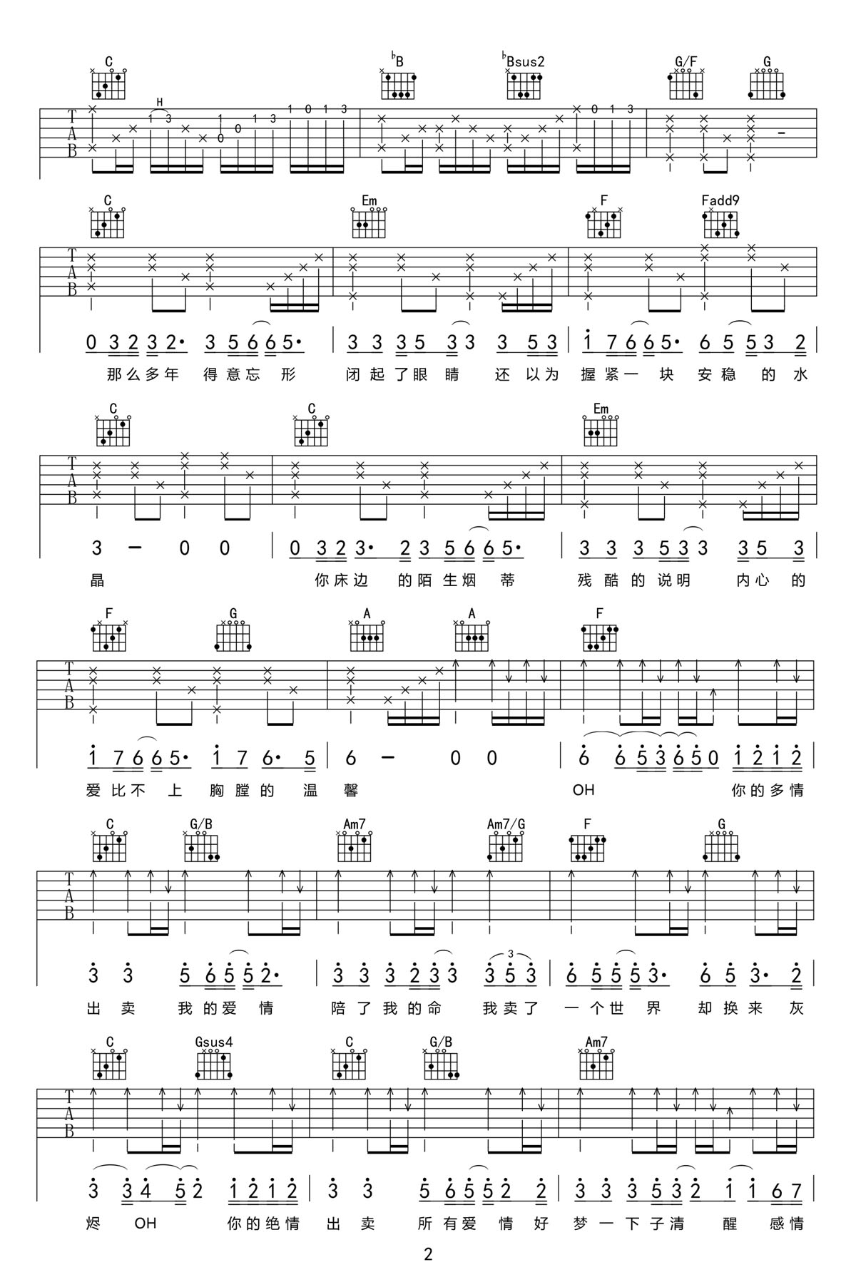 出賣吉他譜_周傳雄_C調和弦彈唱譜_原版帶前奏_圖譜2