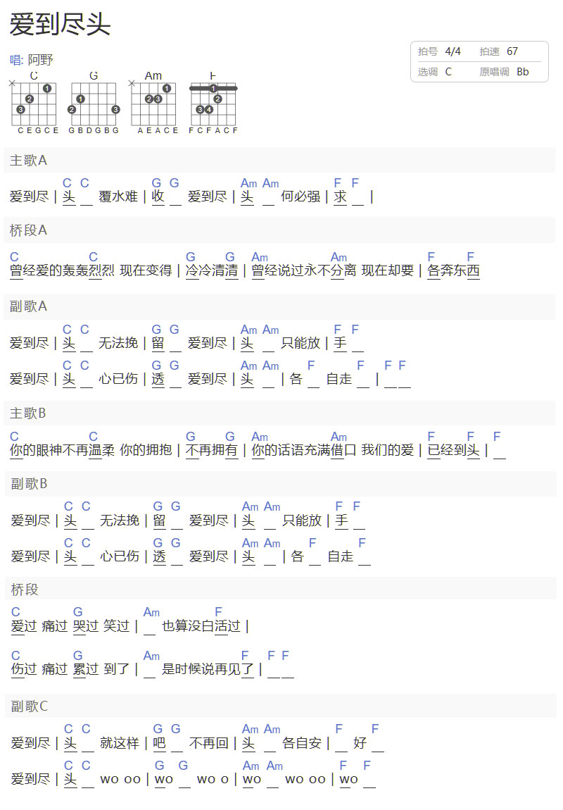 愛到盡頭吉他譜_阿野_C調(diào)和弦彈唱譜_簡單版_圖譜1