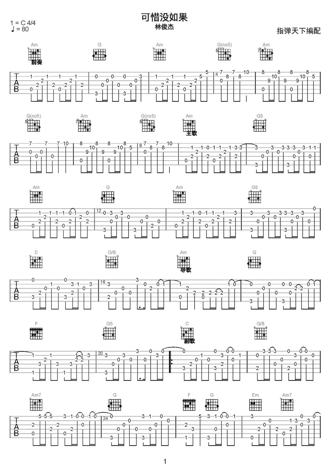 可惜沒(méi)如果吉他譜_林俊杰_C調(diào)指彈/獨(dú)奏譜_原版改編_圖譜1