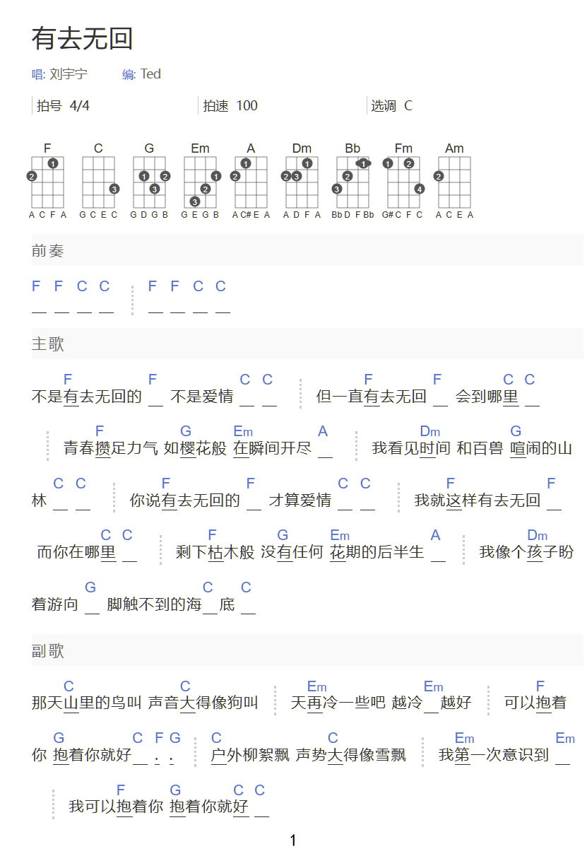 有去無(wú)回吉他譜_劉宇寧_C調(diào)和弦彈唱譜_和弦完整版_圖譜1