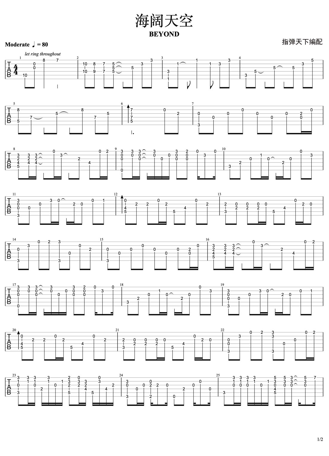 海闊天空吉他譜_Beyond_C調(diào)指彈/獨(dú)奏譜_完美版_圖譜1