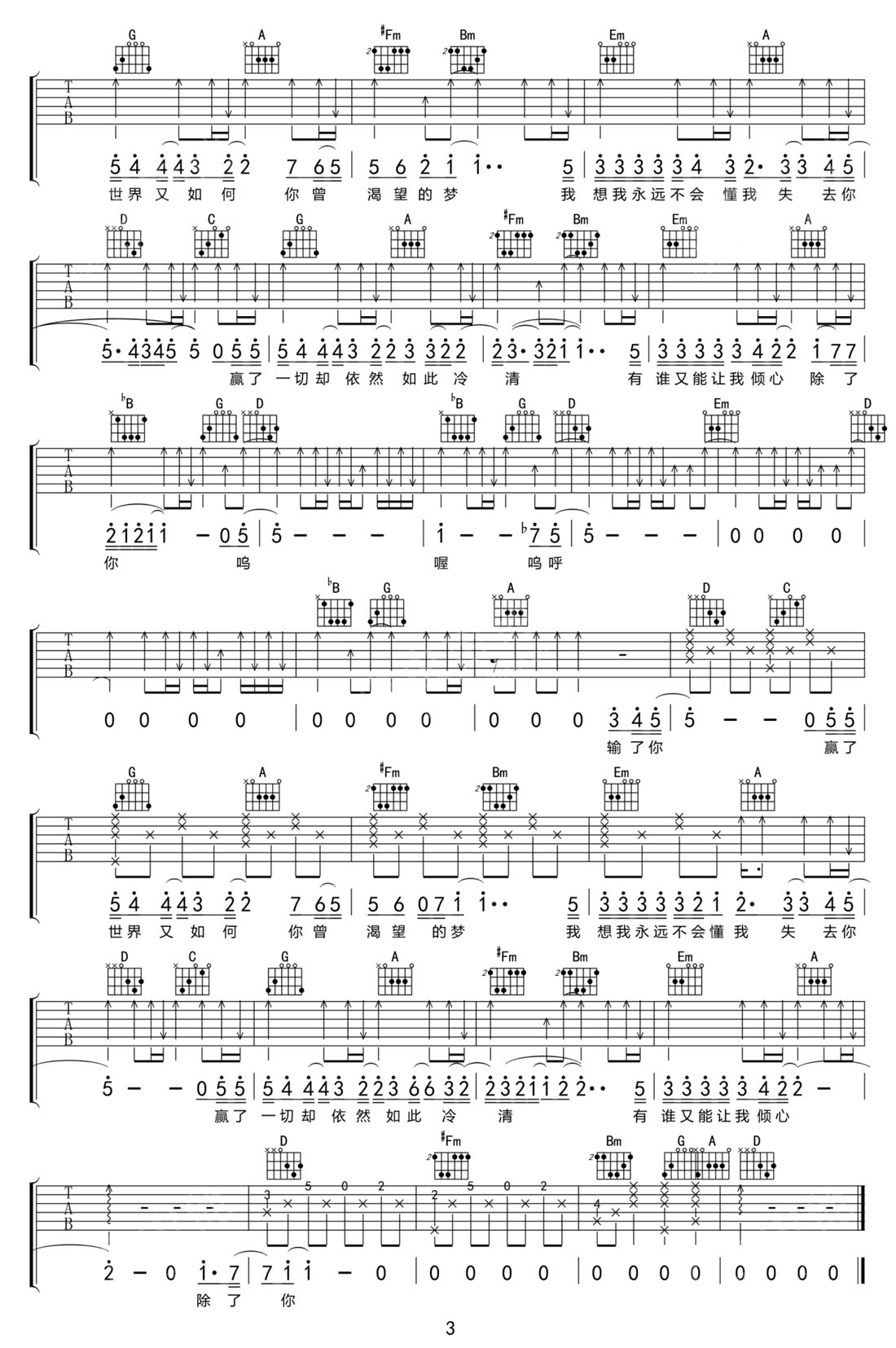輸了你贏了世界又如何吉他譜_林俊杰_D調(diào)和弦彈唱譜_高清完整版_圖譜3