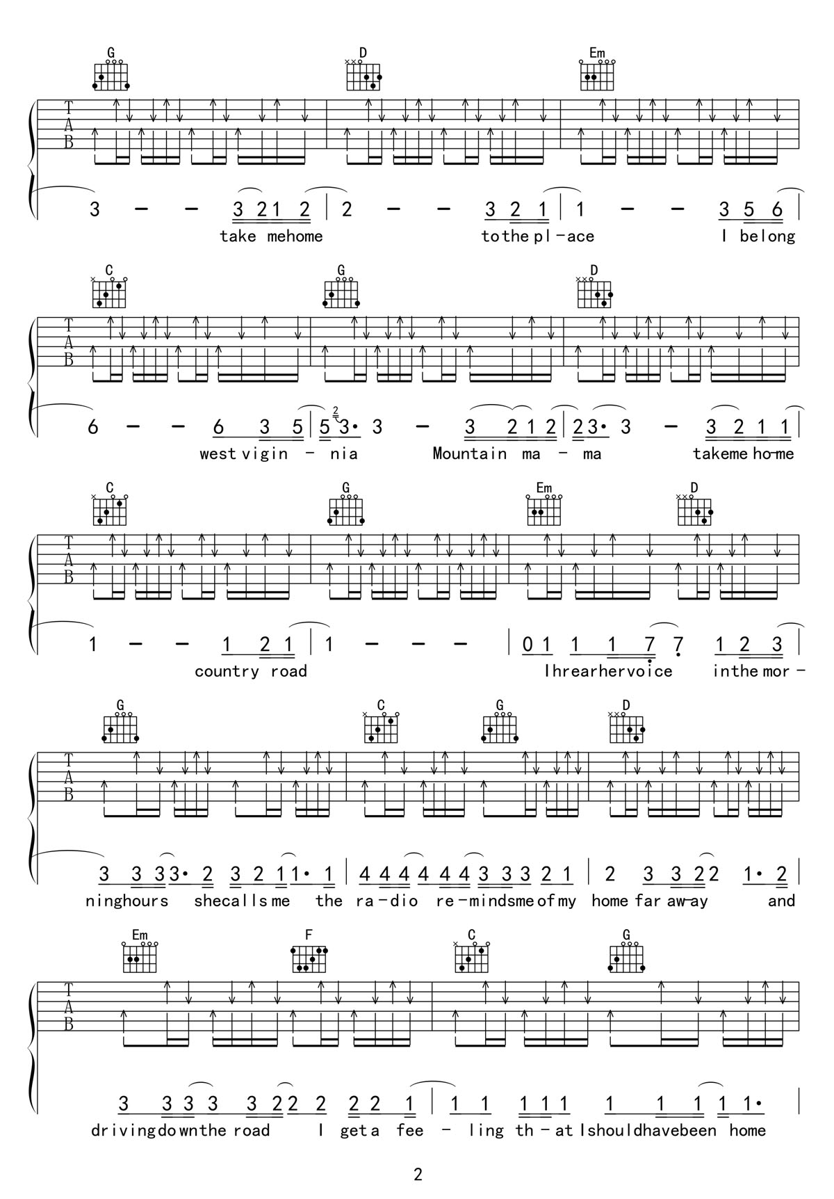 Take Me Home Country Road吉他譜_John Denver_G調(diào)和弦彈唱譜_世界名曲重制版_圖譜2