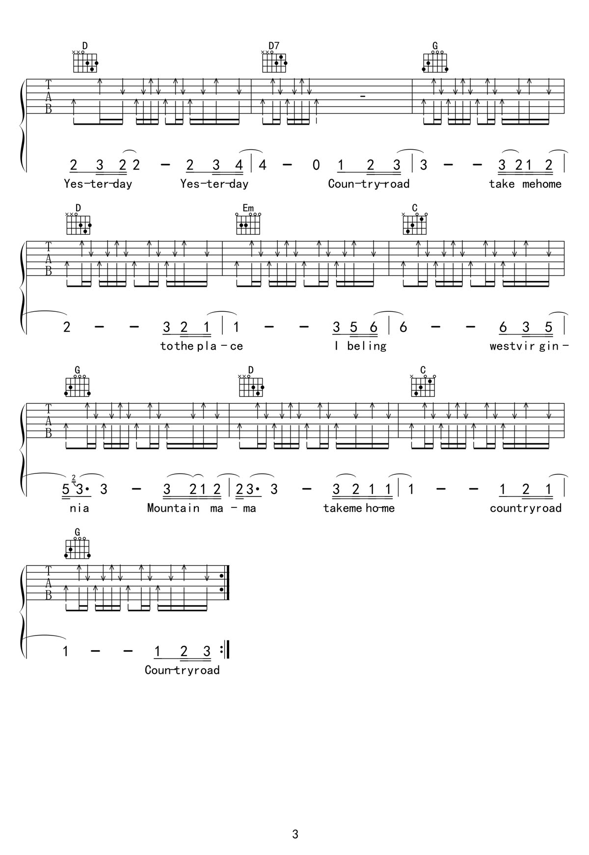 Take Me Home Country Road吉他譜_John Denver_G調(diào)和弦彈唱譜_世界名曲重制版_圖譜3