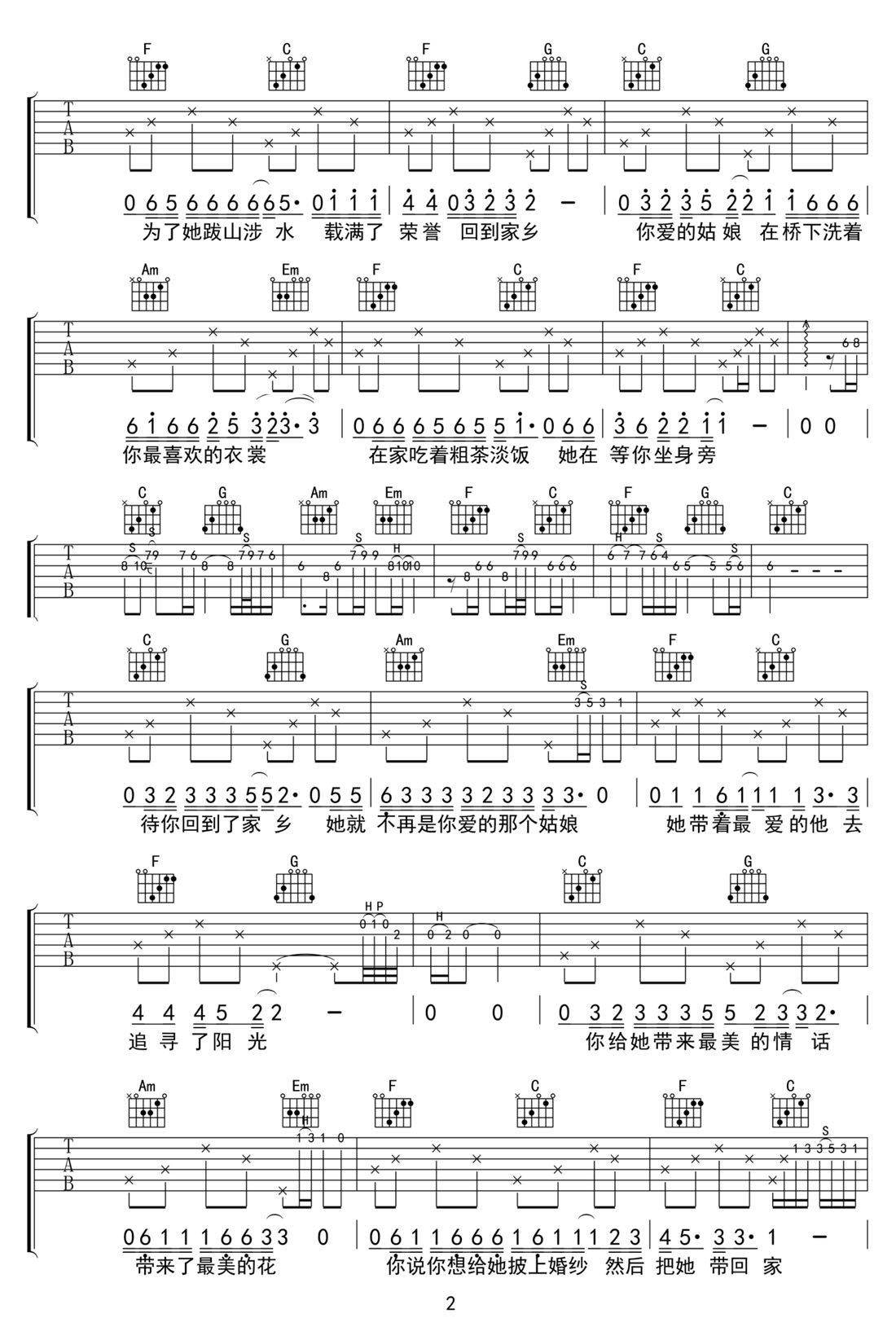 你是姑娘吉他譜_隔壁老樊_C調(diào)和弦彈唱譜_原版前奏_圖譜2