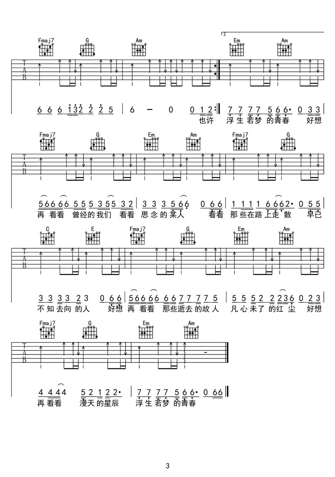 遺留在歲月的曾經(jīng)吉他譜_曲木老表_C調(diào)和弦彈唱譜_完整帶前奏_圖譜3