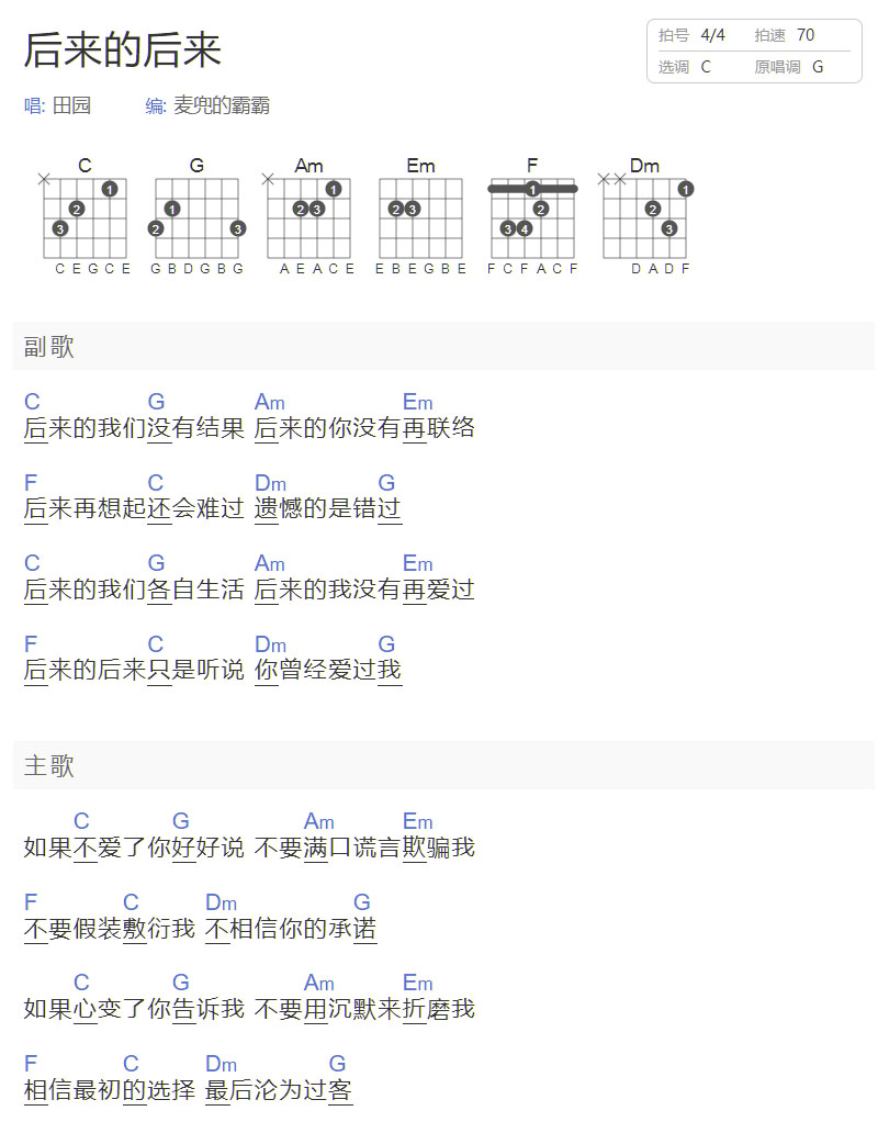 后來(lái)的后來(lái)吉他譜_田園_C調(diào)和弦彈唱譜_和弦版_圖譜1