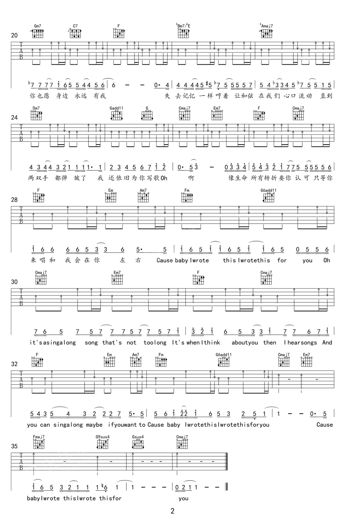 為你寫的歌吉他譜_方大同_C調(diào)和弦彈唱譜_高清完美版_圖譜2