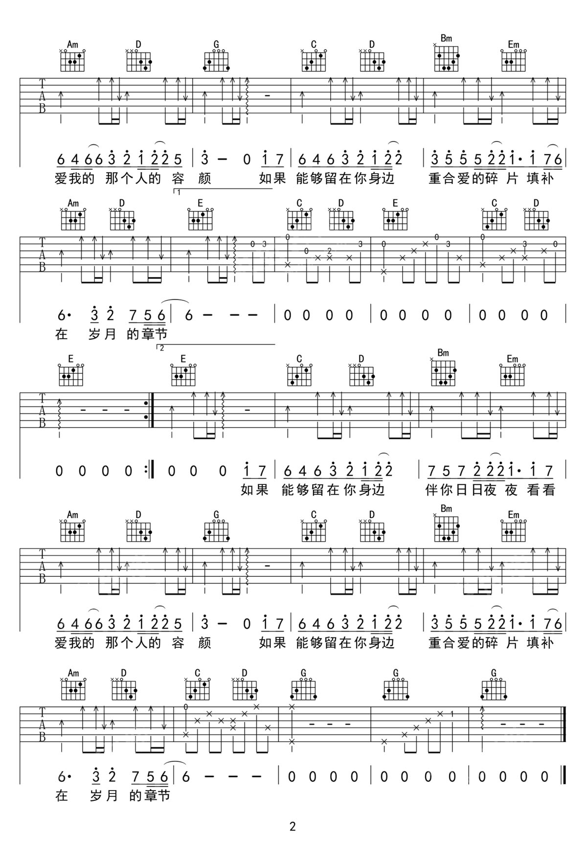 多想留在你身邊吉他譜_劉增瞳_G調(diào)和弦彈唱譜_高清帶前奏_圖譜2