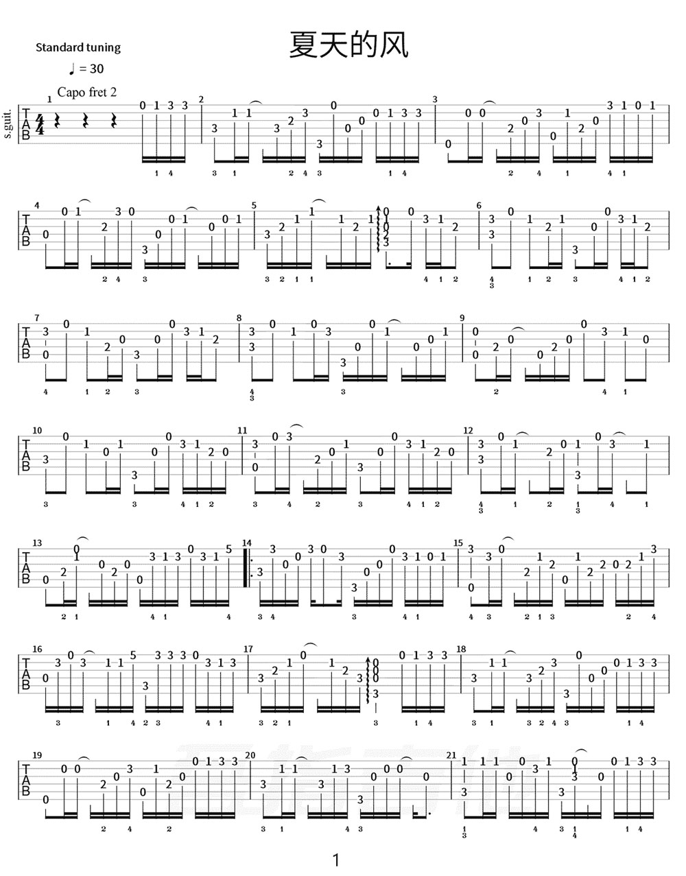 夏天的風吉他譜_溫嵐_C調指彈/獨奏譜_簡單版_圖譜1