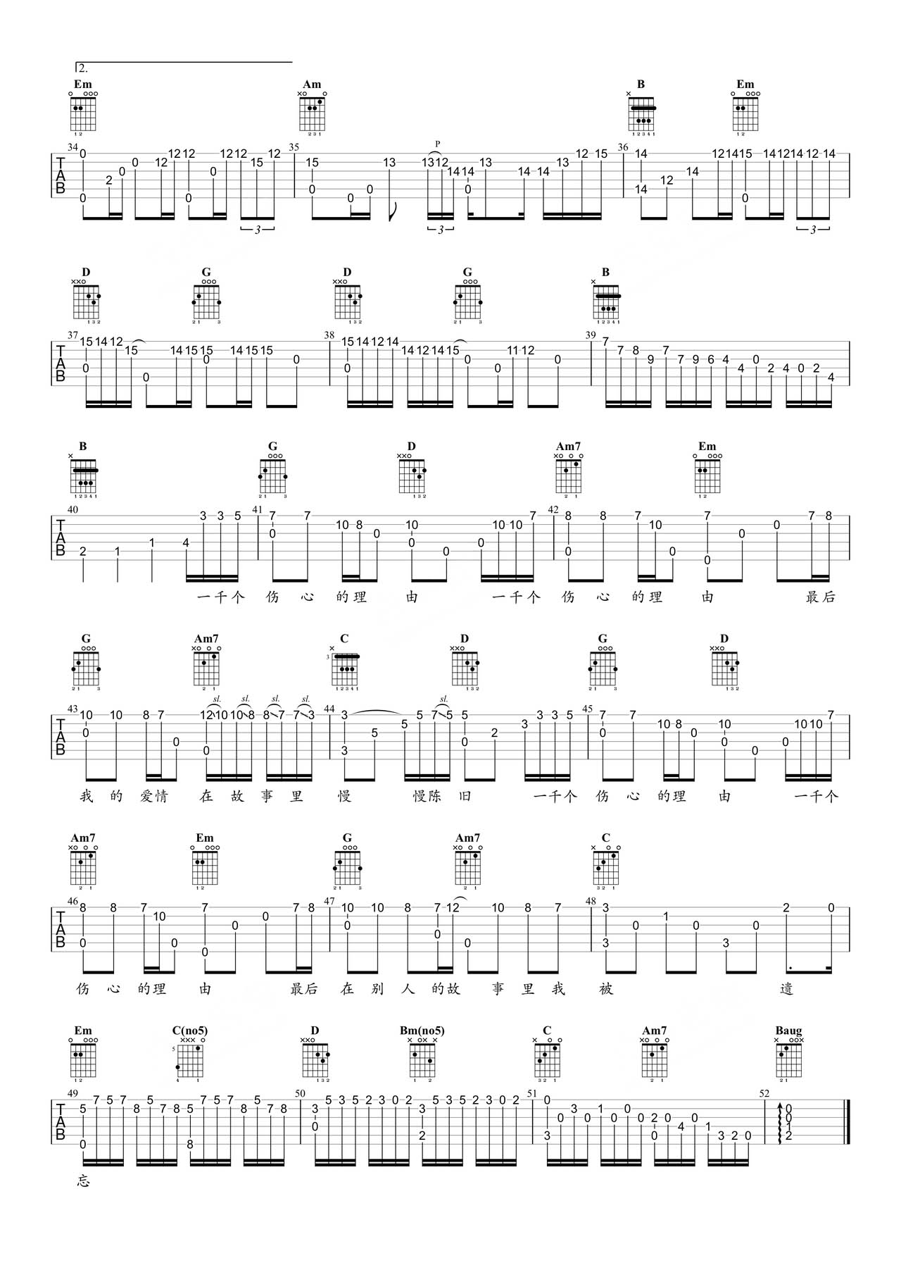 一千個(gè)傷心的理由吉他譜_張學(xué)友_C調(diào)指彈/獨(dú)奏譜_完美版_圖譜3
